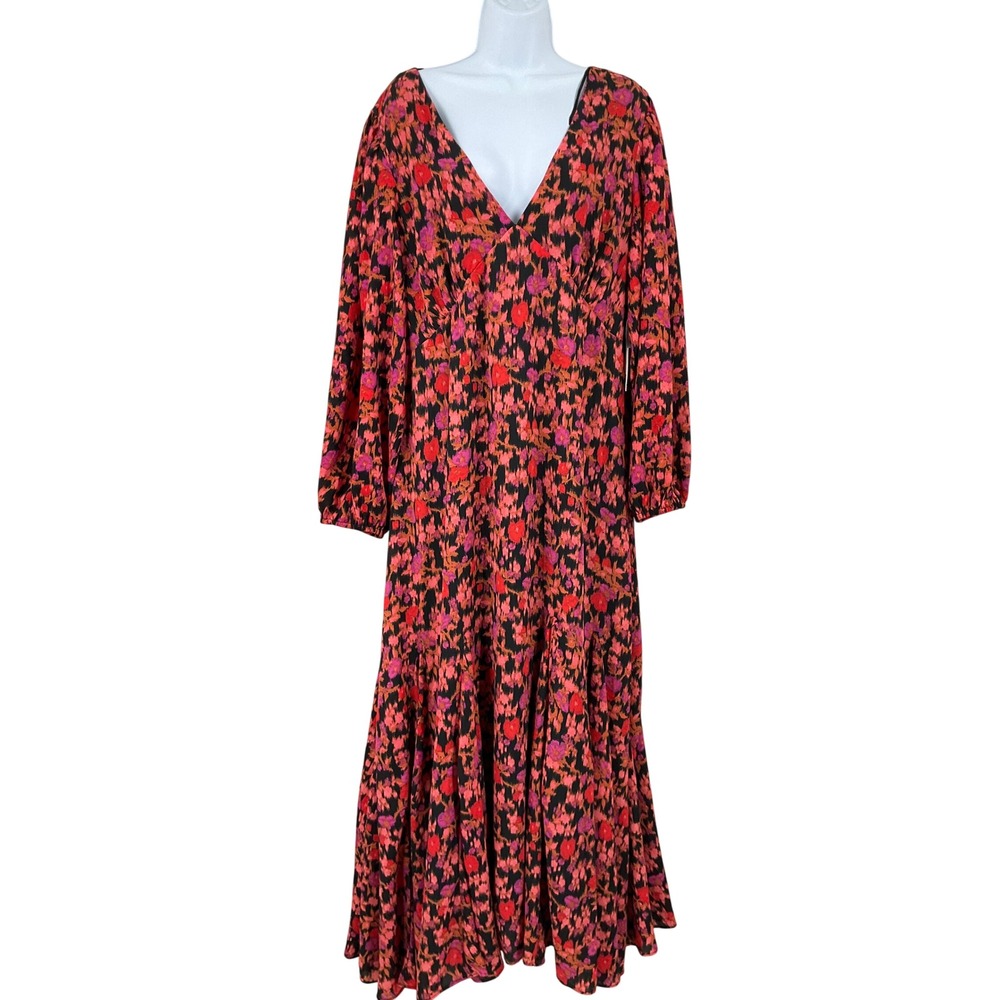 CeCe Midi Dress Womens XL Red Floral Tiered V-Neck Open Back Long Sleeve Boho